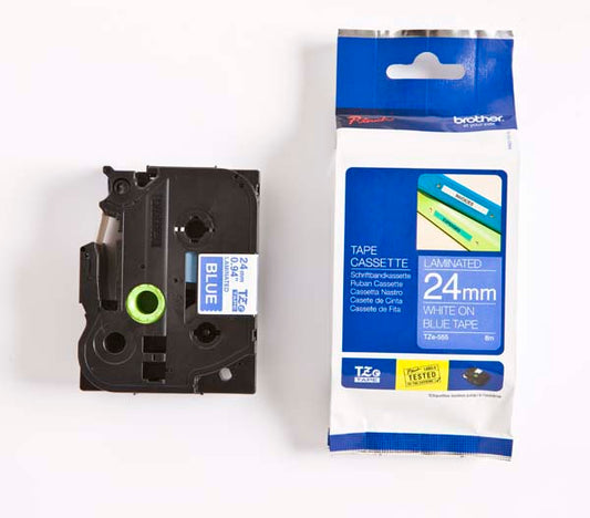 Brother TZ-555 - 24mm White on Blue Laminated Tape - Labelzone